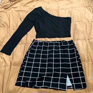 One-shoulder crop top and grid mini skirt set